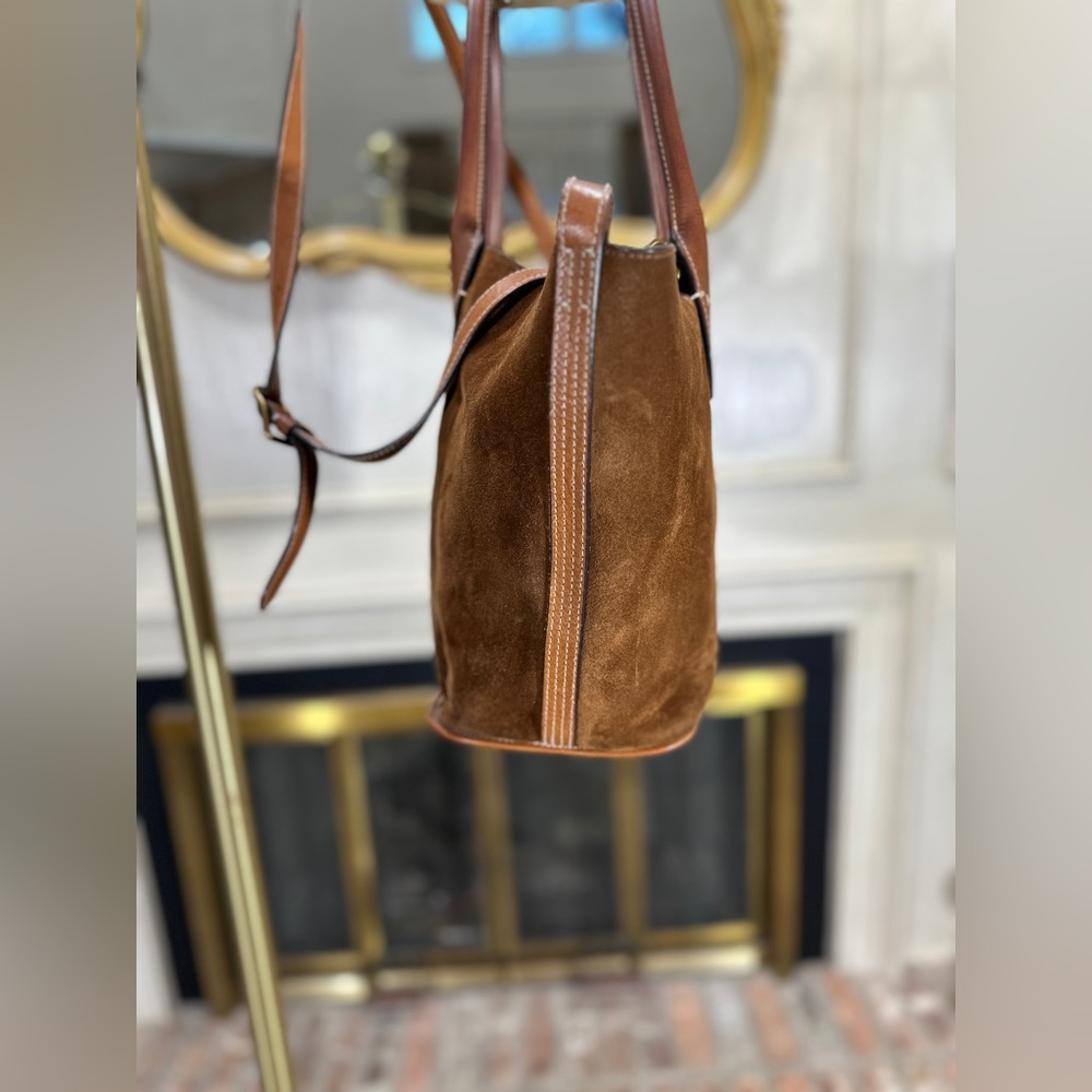 Polo Ralph Lauren Bellport Suede Leather Medium Tote Bag Brown Adjustable Strap - Picture 7 of 16